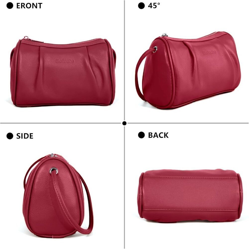 Women Red Leather Crossbody Bag Small Hobo Bag with Wrinkled Texture - Picture 7 of 8